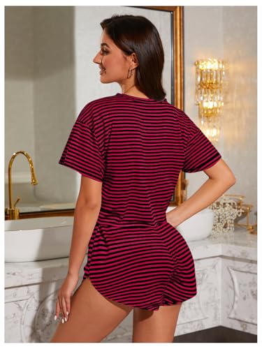 Image of OYOANGLE Womens Pajama Sets 2 Piece Sexy Lounge Sets Summer Cute Pjs Striped Print Tee and Side Split Shorts Set