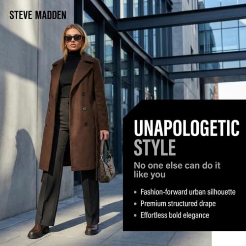 Image of Steve Madden Trench Coat for Women - Double-Breasted Long Winter Faux Wool