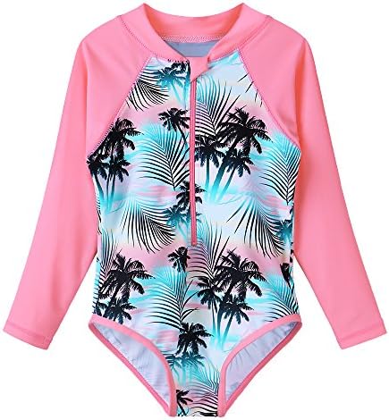 TFJH E Kids Girls Rashguard Swimsuit UV 50+ Long Sleeve One Piece Swimwear,Green Pink,7-8Y(Tag No.128/134)