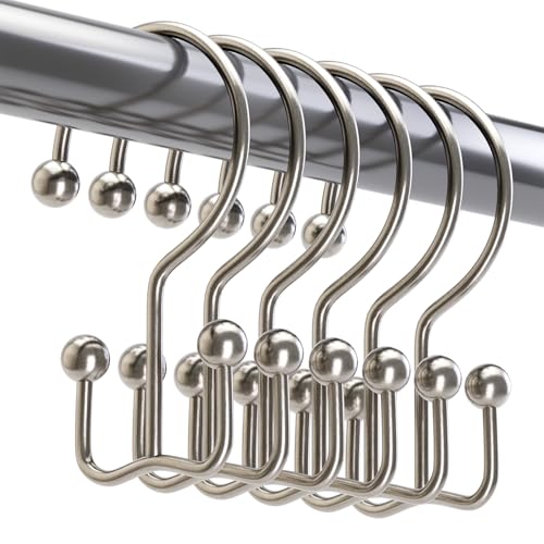 Titanker Shower Curtain Hooks Nickel, Minimalist Simple Double Glide Shower Curtain Rings, Rust Proof Metal Shower Hooks Rings for Bathroom Shower Rods Curtains, Set of 12 Hooks