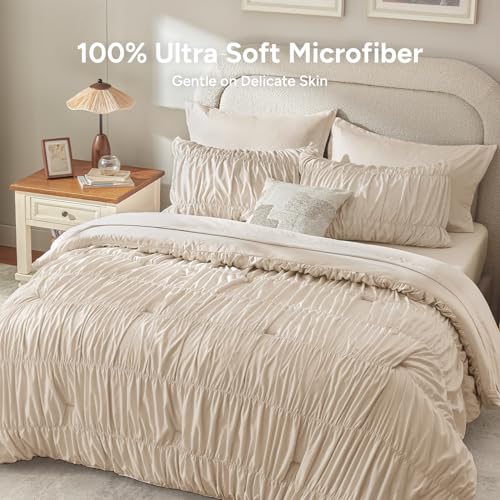 Image of Andency Ruched Full Size Comforter Sets Beige, 7 Pieces Ruffle Bed Set in a Bag, Shabby Chic Pleat Bedding Set with Comforter, Sheets, Pillowcase & Sham, Lightweight, Soft, All Season