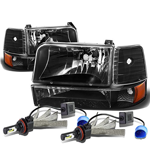 Compatible with Ford F-150 Branco 5th Gen 6Pc Black Housing Amber Corner Headlight + 9007 LED Conversion Kit