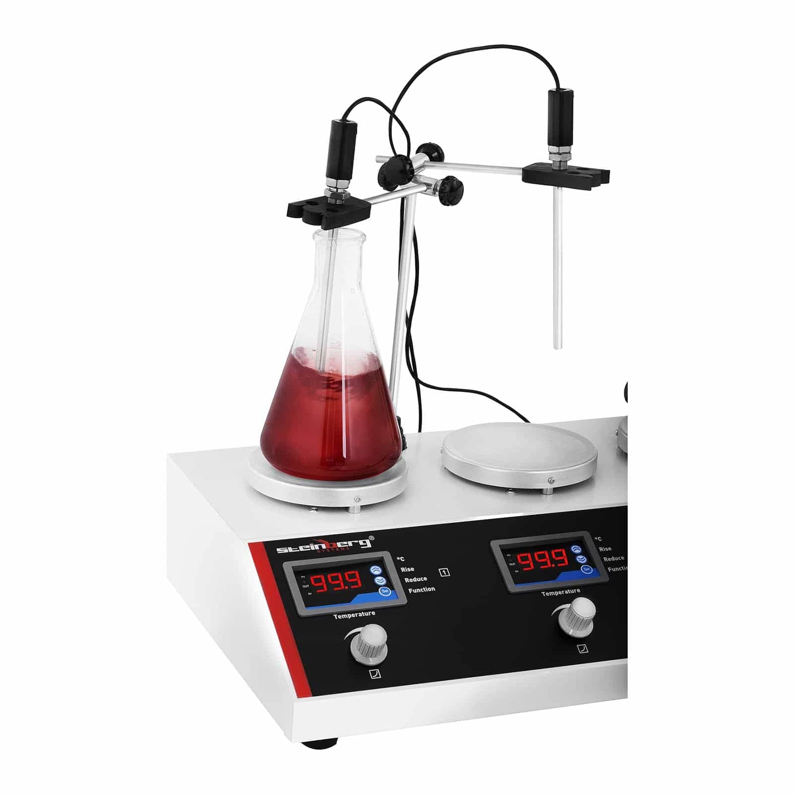 Steinberg Systems Mieszadło magnetyczne z płytą grzejną SBS-MR-1600/6 (6 płyt o średnicy 12 cm, 5-99°C, 1000 ml, timer 120 min, 870 W, 1600 obr./min, w zestawie 12 magnetycznych prętów do mieszania)