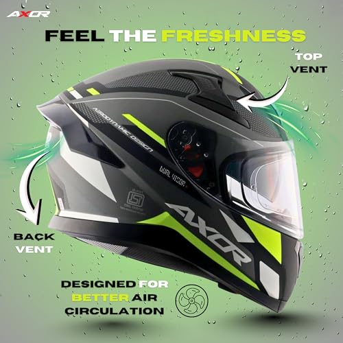 Image of Axor Apex Turbine ISI ECE DOT Certified Full Face Dual Visor Helmet for Men and Women with Pinlock Fitted Outer Clear Visor and Inner Smoke Sun Visor Black Neon Grey Helmet-L