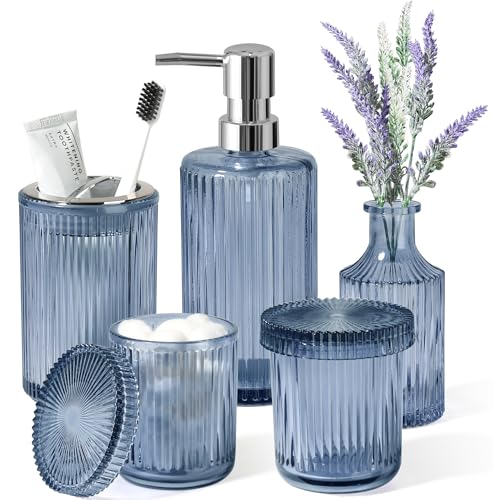 Blue Bathroom Accessories 5 Pcs, Glass Bathroom Accessory Set, Vintage...