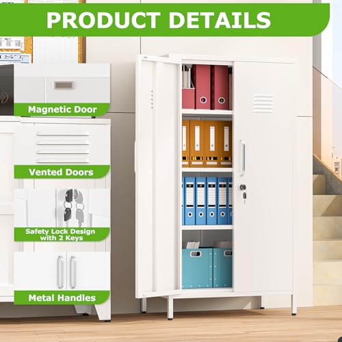Image of PAOFIN 47 inch Metal Storage Locker, Lockable Employees Metal Locker with 2 Door and Adjustable Shelves, Steel Locker for Home, School, Office, Gym (White)
