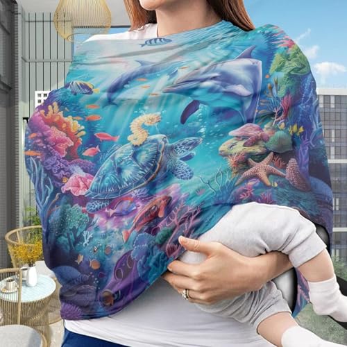 Image of Youngerbaby Dolphin Turtle Baby Car Seat Covers Nursing Cover Breastfeeding Soft Infant Carseat Canopy,Stretchy Breathable Cover for Stroller High Chair Shopping Cart Canopies