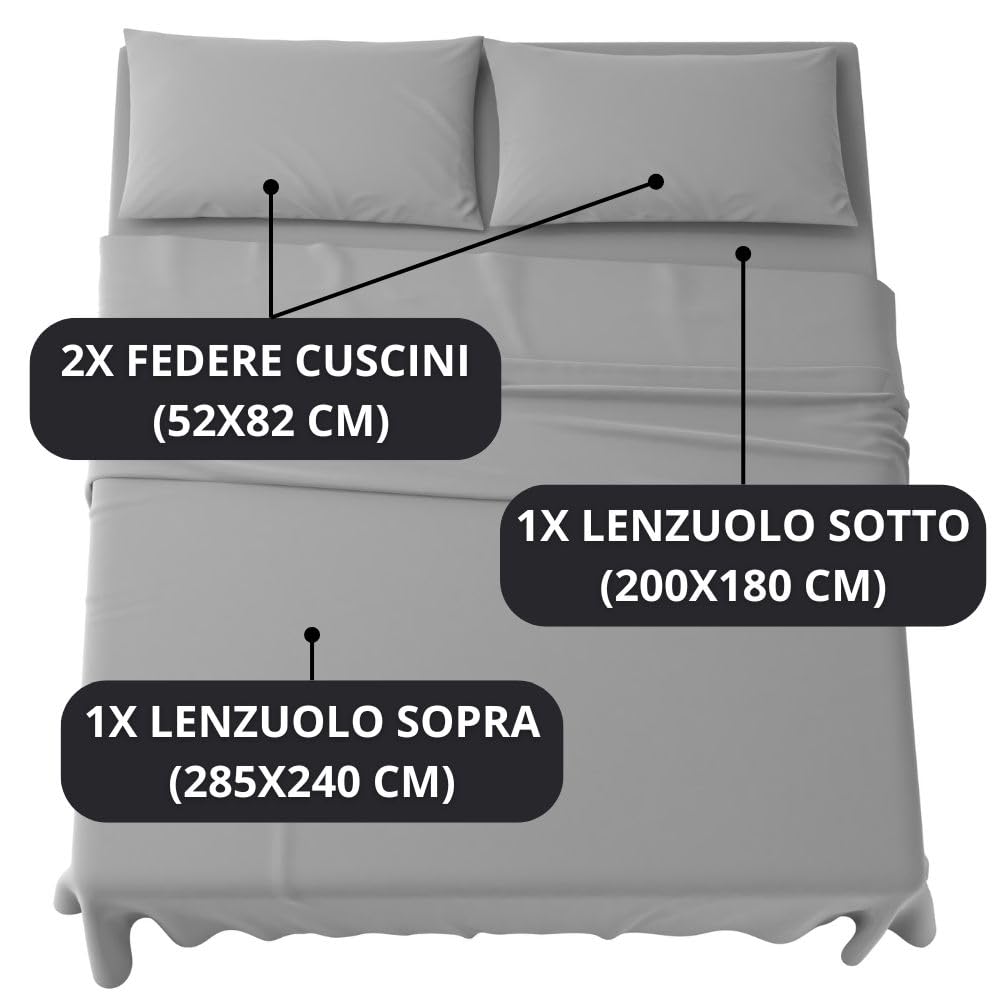 MAXIME MAISON - Completo Lenzuola Matrimoniali 4 Pezzi, Set Lenzuola Matrimoniale in Microfibra Made in Italy, Completo Letto 1 Lenzuolo con Angoli, 1 Lenzuolo Sopra, 2 Federe (Grigio)