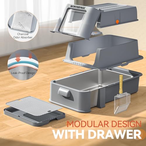 Image of Wooaidagg Enclosed Stainless Steel Cat Litter Box with Odor Control, Modular Design with Drawer and Flip Door, Easy to Clean and Wash,Non-Stick Interior,Extra Large Size Fits All Cats(Dark Grey)