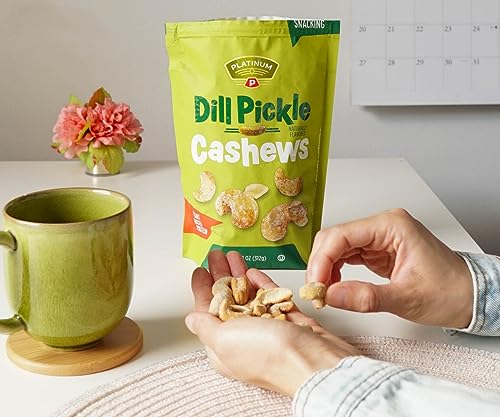 Platinum Dill Pickle Cashews - Plant Based Protein, Fiber, Healthy Snack - Roasted with Tangy Zest of Dill Pickle - Can Bring at Home, Work, Office, Gym & School - 11oz Individual & Resealable Pouch - image 6