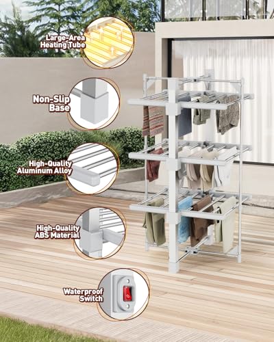 E-SMARTER Electric Heated Clothes Airer, 3 Tier Dryer Rack with 24 Heated Bars, Indoor Dryer with Zip Up Cover for Even Faster Drying, Folds Flat for Easy Storage - Image 4
