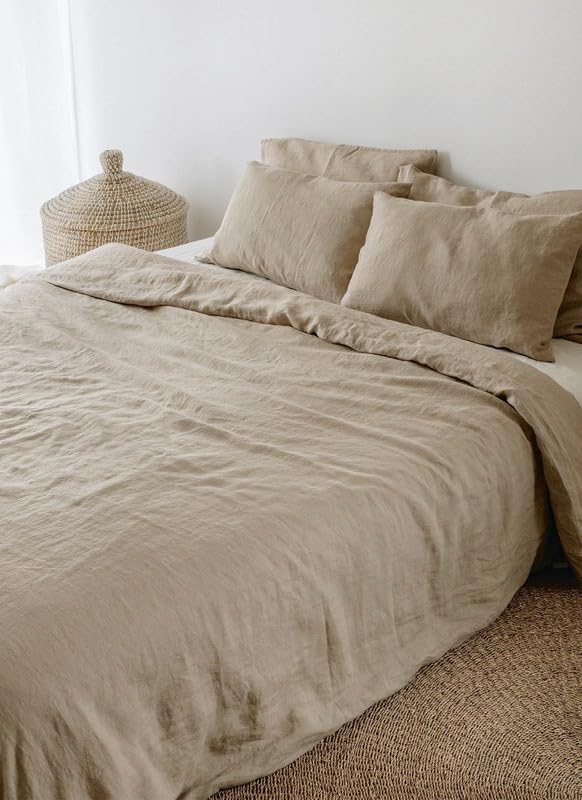The Tangerine Store 3-Piece Linen Cotton Mix Duvet Cover Set (88x90 in) - Natural Beige Queen Duvet Cover Set with Standard Shams - Pre-Washed, Handmade - Chic Home Decor-image-17