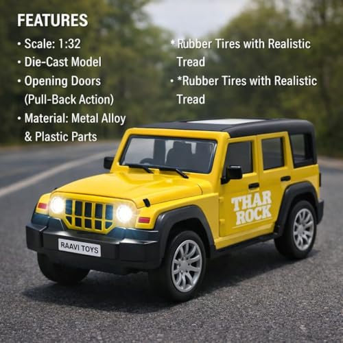 Image of Thar Roxx 1:32 Scale DieCast Metal Pull Back Action Openable Doors 4x4 Thar Premium Car Toy with Lights and Music for Kids,Gift 2+yrs Girls & Boys (Thar 1:32 Scale Yellow)