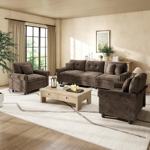 Image of HERA'S HOUSE Modular Sectional Sofa and Chair Set for Living Room 3-Piece | Mid-Century Modern 5-Seater Cloud Sofa Set, Grayish Brown, Rolled Arms & Nailhead Trim, Wider Seats, Chenille Furniture Set