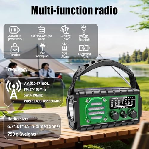 Image of 20000mah Hand Crank Emergency Radio,SW /NOAA /AM /FM Weather Radio, Solar Powered Hand Crank Chager with Bige Batery Powered,Portable,Cellphone Charge,SOS,Flashlight for Emergency (XSY-350-Army Green)