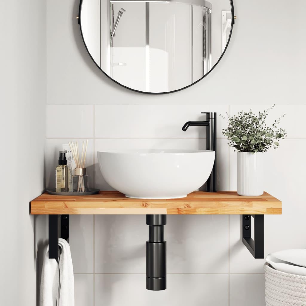 Estantería para lavabo de pared de acero y madera de acacia, 100 x 40 cm, soportes rectangulares negros, ahorra espacio, para lavabo con armario, soporta hasta 100 kg, muebles de baño