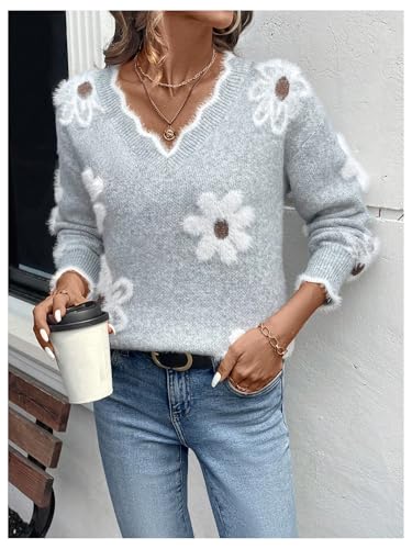 SHENHE Women's Floral Sweater V Neck Long Sleeve Drop Shoulder Knit Sweaters Pullover Tops3