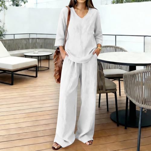 Conjunto de lino de mujer con blusa elástica y pantalón de pierna ancha de alta caída 2