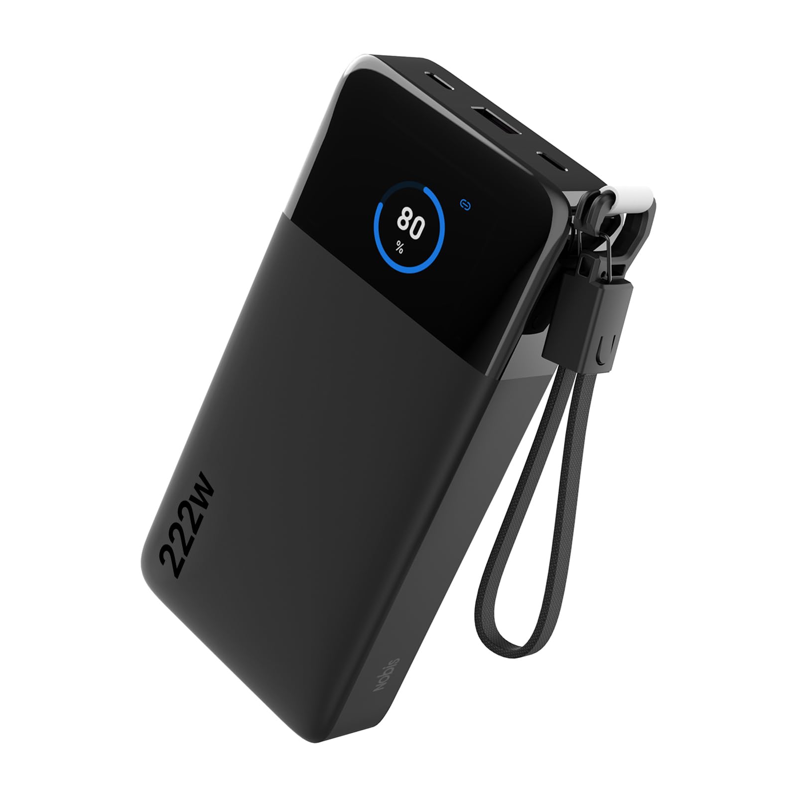 NOBIS Power Bank 222W 25000mAh, przenośna ładowarka z wyświetlaczem cyfrowym, 2 USB-C i 1 USB-A z wbudowaną linką, kompatybilna z laptopem, tabletem, telefonem 17, S25 i słuchawkami