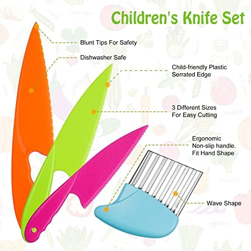 AKlamater 6PCS Kitchen Safety Knives for Kids, 4PCS Children's Cooking Knives in 4 Sizes, Plastic Cutting Board & Paring Knife for Vegetables Fruits Salad