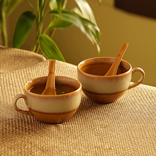 Image of ExclusiveLane Ceramic Dual Glazed Handled Ceramic Soup Bowls with Spoons & Handle, 450 ml, 2 Pieces, Mustard Yellow & Off White