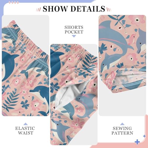 Blue Dolphins with Pink Flowers Pajamas Bottoms with Pockets Comfy Pjs Sleepwear Elastic Waistband Pajamas Pants Lounge Pants4