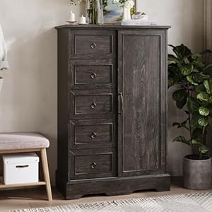 Vabches farmhouse dresser storage cabinet chest of drawer for bedroom 5 drawer dresser with sliding barn door 48 tall wood rustic dresser for bedroom living room entryway hallway dark oak  urban country home decor