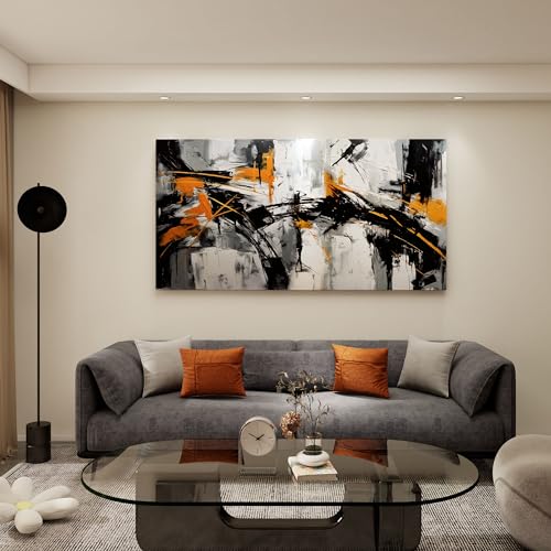 Image of Large Abstract Canvas Wall Art Black and Orange Modern Wall Art for Living Room - Canvas Wall Decor for Office and Home - Framed Artwork for Walls Pictures for Bedroom Wall Decor 29x58IN