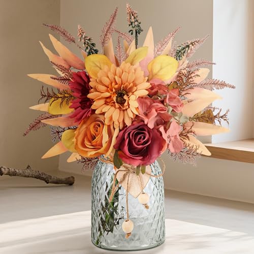 Der Rose Fall Fake Flowers in Vase Silk Artificial Flowers Arrangements with Glass Vase for Dinning Coffee Table Centerpieces Home Kitchen Farmhouse W