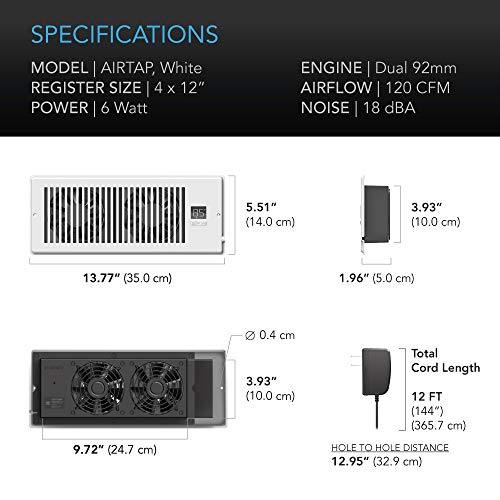 Ac Infinity Airtap T4, Quiet Register Booster Fan With Thermostat Control. Heating Cooling Ac Vent. Fits 4” X 12” Register Holes. #TOP5