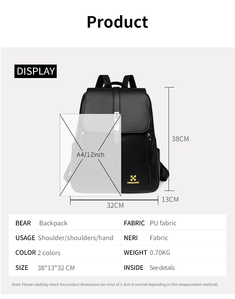 Image of H-SQUARE LuxeTech Ladies Laptop Backpack - Stylish Leather Bag with Gold Buckle, Laptop Compartment & Dual Zipper Pockets