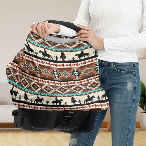 Image of Aztec Car Seat Cover for Babies, Horse Print Breathable Nursing Covers Breastfeeding Scarf,Multi Use Infant Carseat Canopy for Newborn Carrier /Stroller /Shopping Cart /High Chair