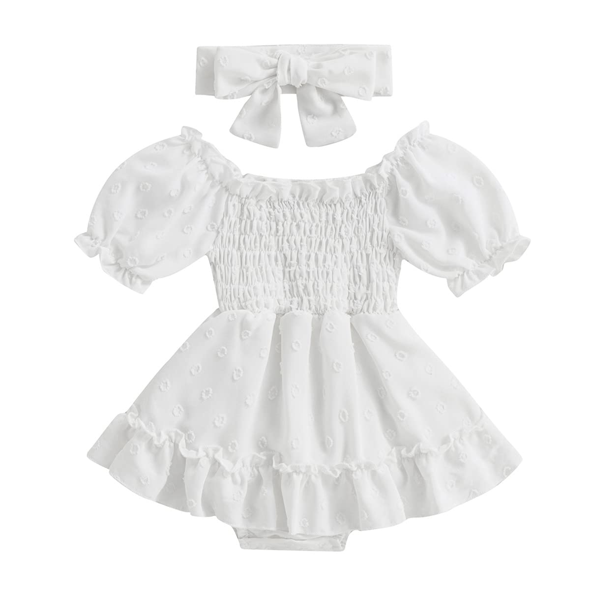 Socutebabe Baby Girl Smocked Romper Dress Vintage Dresses Bubble Onesie Cute Summer Clothes Outfit with Headband 3-6 Months Boho White
