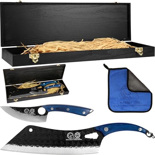 XYJ Authentic Since 1986, Knives Set with Wooden Box, High Carbon Steel Blades, Full Tang Kitchen Knife Set, Boning Slicing Knives, Pakkawood Handle, Blue Color
