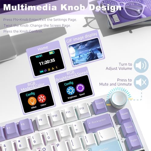 ATTACK SHARK X Ajazz AK820 Pro Mechanical Gaming Keyboard with Knob&TFT Display,Bluetooth 5.1/2.4G Wireless/Type-C Wired 75% Percent Keyboard,5 Sound Absorbing Foams,South RGB,Gift Switch-Purple - 3