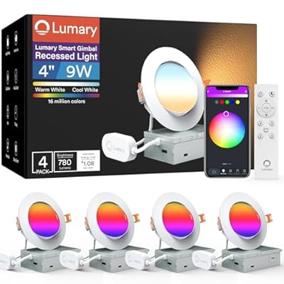 Lumary 4 Pack Smart Gimbal Recessed Lighting 4 Inch Max, 2.4GHz Wi-Fi Led Recessed Lights, CCT 2700K-6500K & RGB Downlight, Canless Color Changing Lights, Works with Alexa Google, 9W 780lm CRI 90 FCC