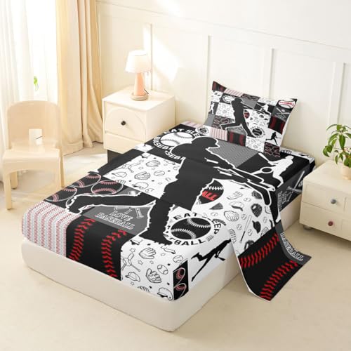 Image of Castle Fairy Baseball Player Bed Sheet Set Twin Size,Sports Geometric Grid Red Grey Sheet Set Kids Teens,Patchwork Baseball Bedding Decor Set with 1 Flat & 1 Fitted Sheet with 1 Pillow Sham
