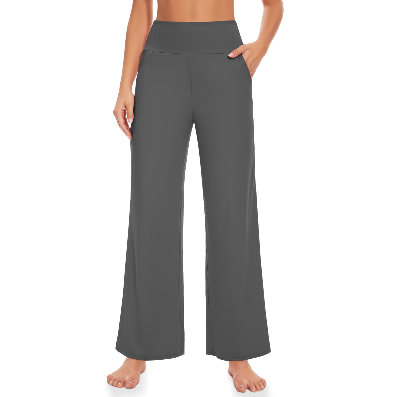 we fleece Womens Wide Leg Yoga Pants with Pockets High Waisted Casual Lounge Loose Dress Petitel Palazzo Pants