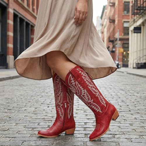 Image of Uillnoodu Wide Calf Cowboy Boots Women Adjustable Lace Up Knee High Tall Plus Size Cowgirl Boots Western Style Comfortable 2-Inch Heel