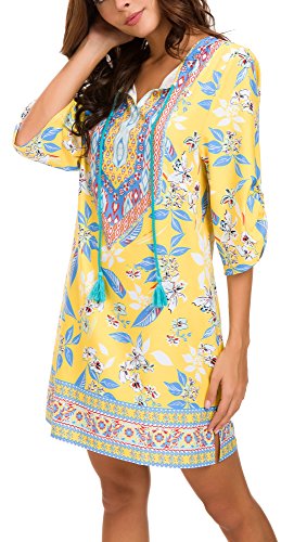 Image of Women Bohemian Neck Tie Vintage Printed Ethnic Style Summer Shift Dress