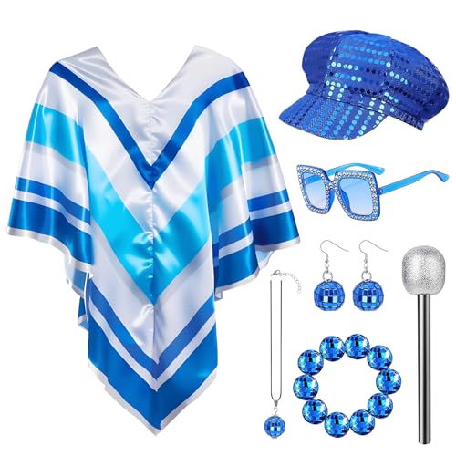 TOYTOPIE Disfraz Disco Años 70 Mujer, Conjunto Accesorios Retro 1970 con Poncho, Boina de Lentejuelas, Gafas Cuadradas, Micrófono Brillante, Pendientes y Collar para Carnaval Fiesta Halloween Disfraz