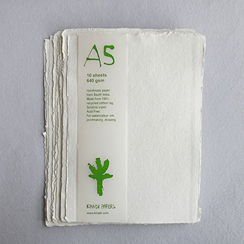 KHADI : White Rag Paper : 640gsm : Rough : 15x21cm : Pack of 10 Sheets by KHADI - Used condition - US$20.90