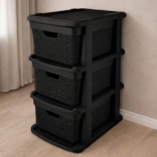 Gaveteiro Organizador Grande de Chão 15 Litros com 3 Gavetas em Plástico Juta (Preto)