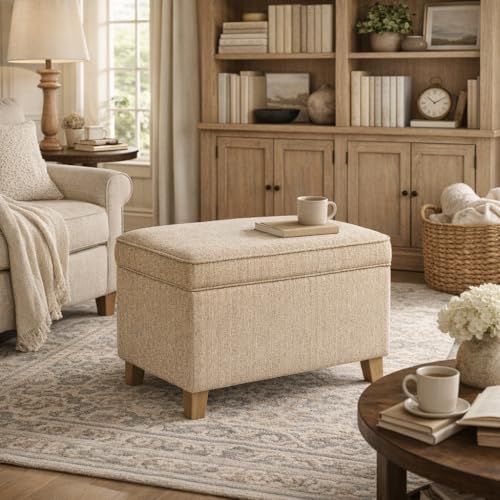 Image of Homepop Home Decor | Medium Square Storage Ottoman with Hinged Lid | Ottoman with Storage for Living Room & Bedroom, Tan