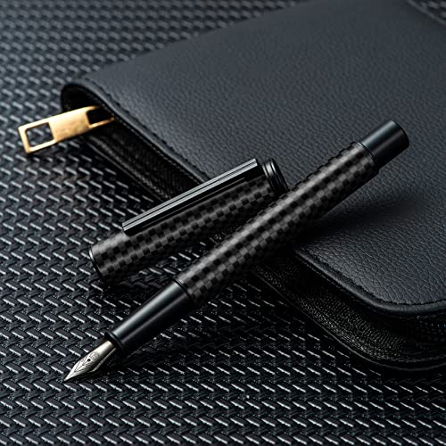 Image of Hongdian Black Forest Pro Carbon Fiber Fountain Pen, Extra Fine Nib Modern Design Smooth Writing Pen with Converter and Metal Pen Case Set