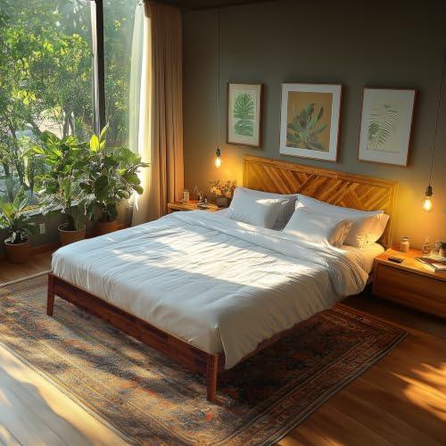 Image of Acacia Sierra Solid Wood Bed Frame with High Headboard, 800 lbs Capacity Farmhouse Signature Bedroom Furniture Wood Bed Compatible with All Mattress Types