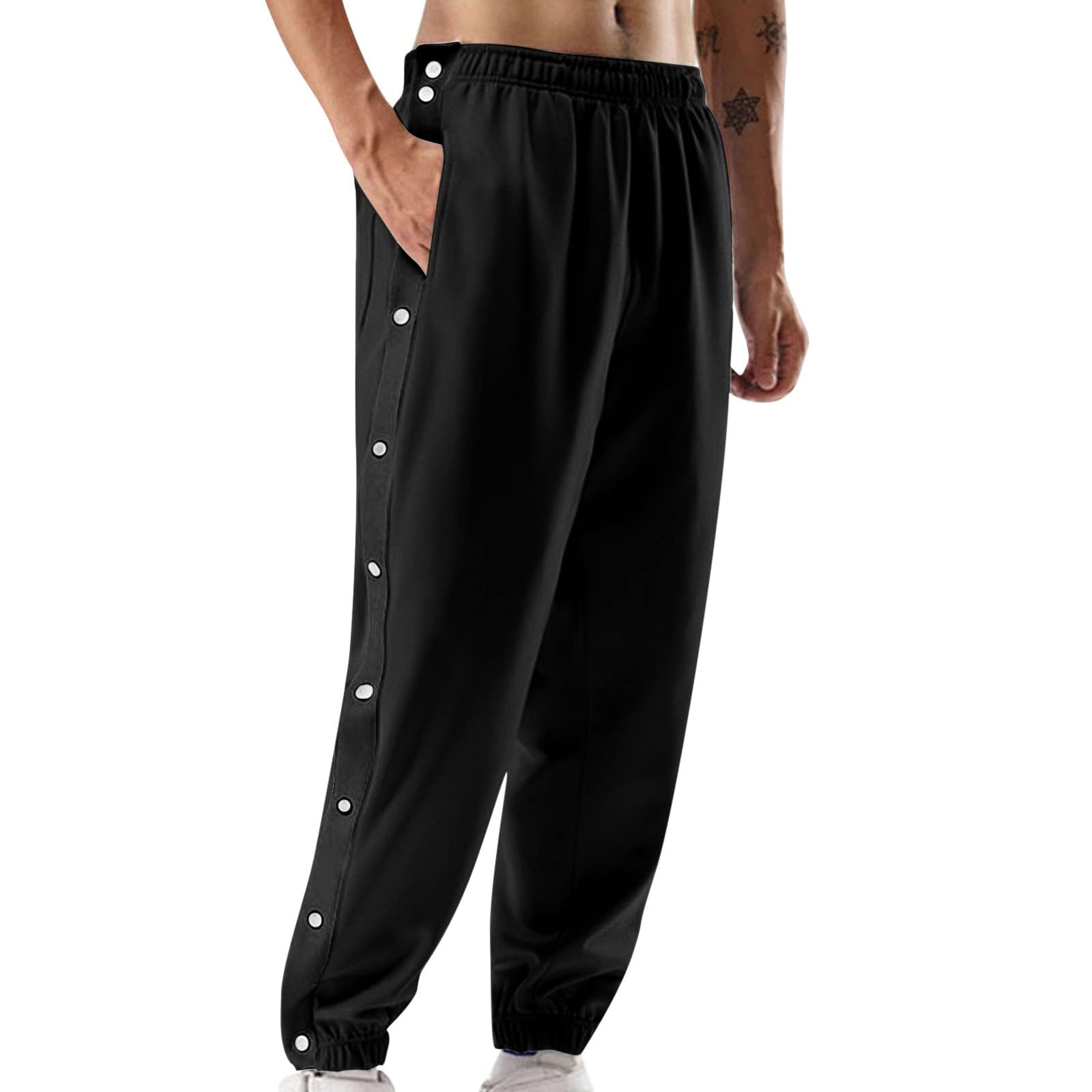 Feclmiyt Men Tear Away Sweatpants High Split Snap Button Active Joggers Bottoms Basketball Track Pants Post-Surgery Trousers with Pockets (Black, 2XL)