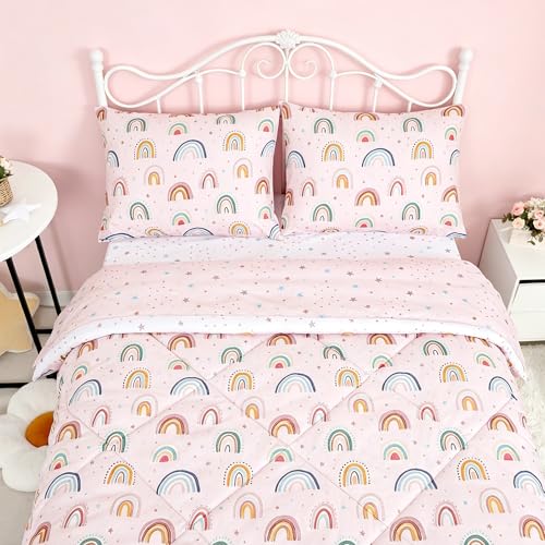 Image of Twin Size Toddler Bedding Set for Girls 5 Piece Toddler Girl Bedding, Super Soft Toddler Comforter Set Includes Comforter, Flat Sheet, Fitted Sheet, Pillowcase (Pink Cute Rainbow)