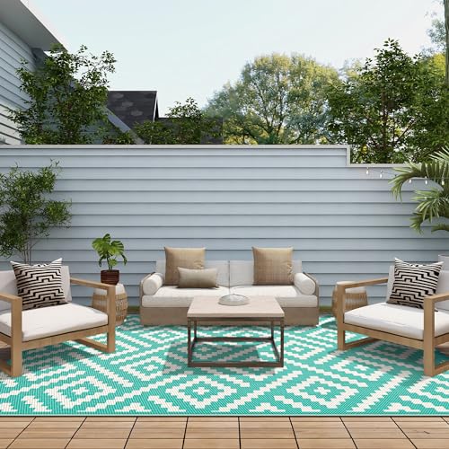 Image of GENIMO Outdoor Rug, Waterproof Plastic Rugs for Patio, 6'x9' Lakegreen | Outside Larger Modern Carpet Mat for Porch Decor, Deck, Balcony, Camping, RV, Backyard, Picnic, Beach, Reversible, Foldable