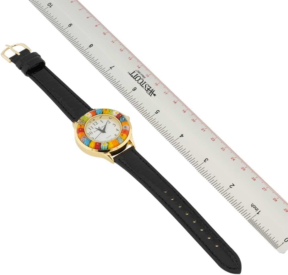 Glass Of Venice Serena Murano Millefiori Watch with Leather Band - Gold Black